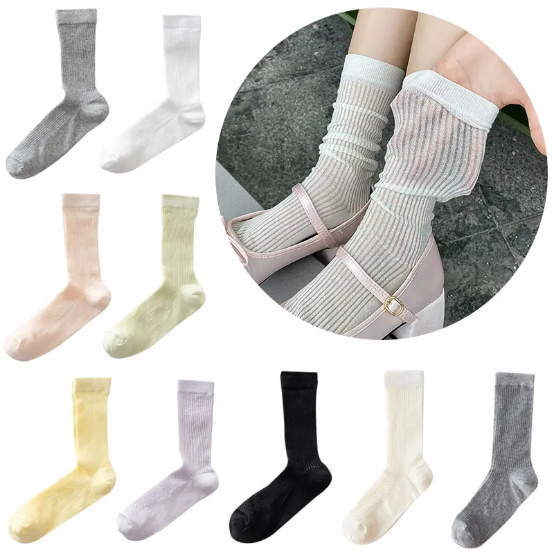 

Women Socks Jk Summer Breathable Socks Vertical Stripe Pile Middle Tube Socks Ballet Sock Party Dress Thin Transparent Calf Sock