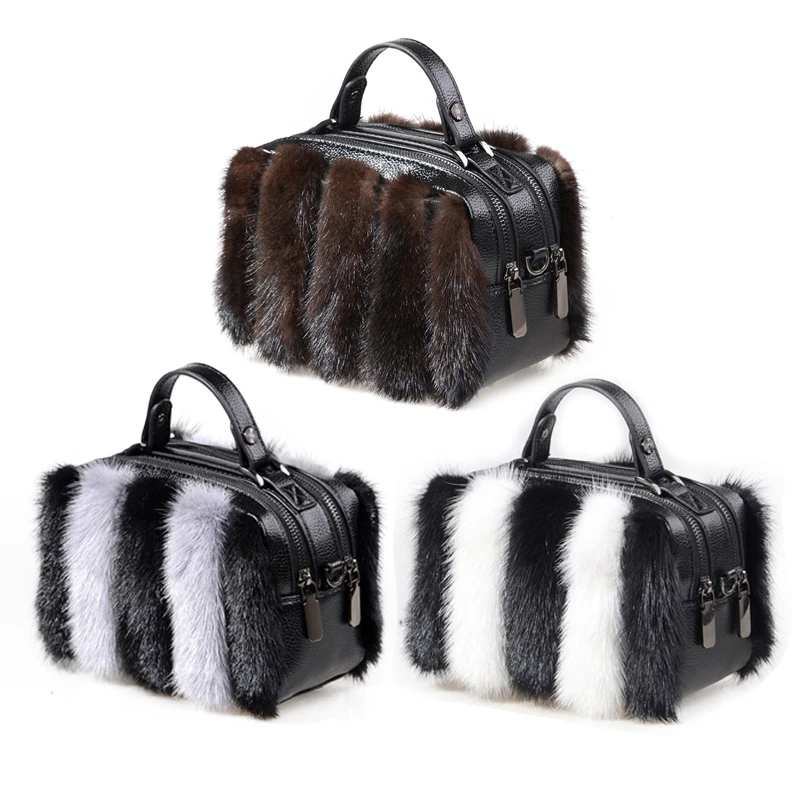 

100% Real Sable Leather Shoulder Bag Luxury Women's Purse And Handbag High Quality Women's Fur Messenger Bag Hot In 2022 Winter