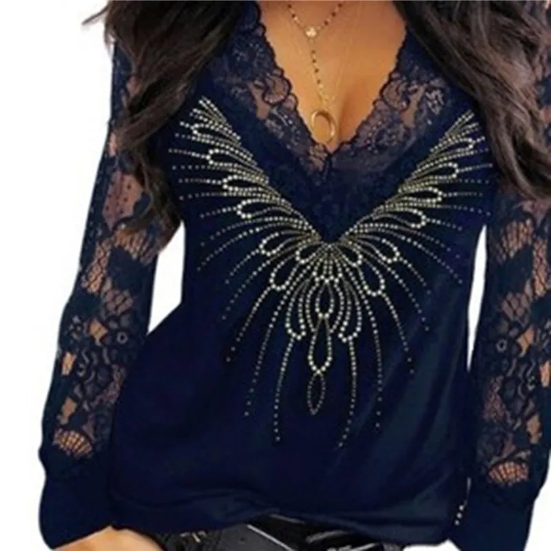 

Female Tshirts Long Sleeve Lace Stitching Sequin Printing Tops Sexy V-Neck Slim Fit T-Shirt Casual Fashion Pullover Tops