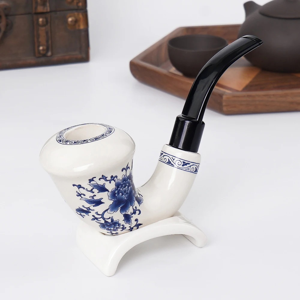 

RU MuXiang китайская керамическая трубка, набор табачных труб и подставок, голубые и белые керамические изделия, 9 мм фильтрующий картридж