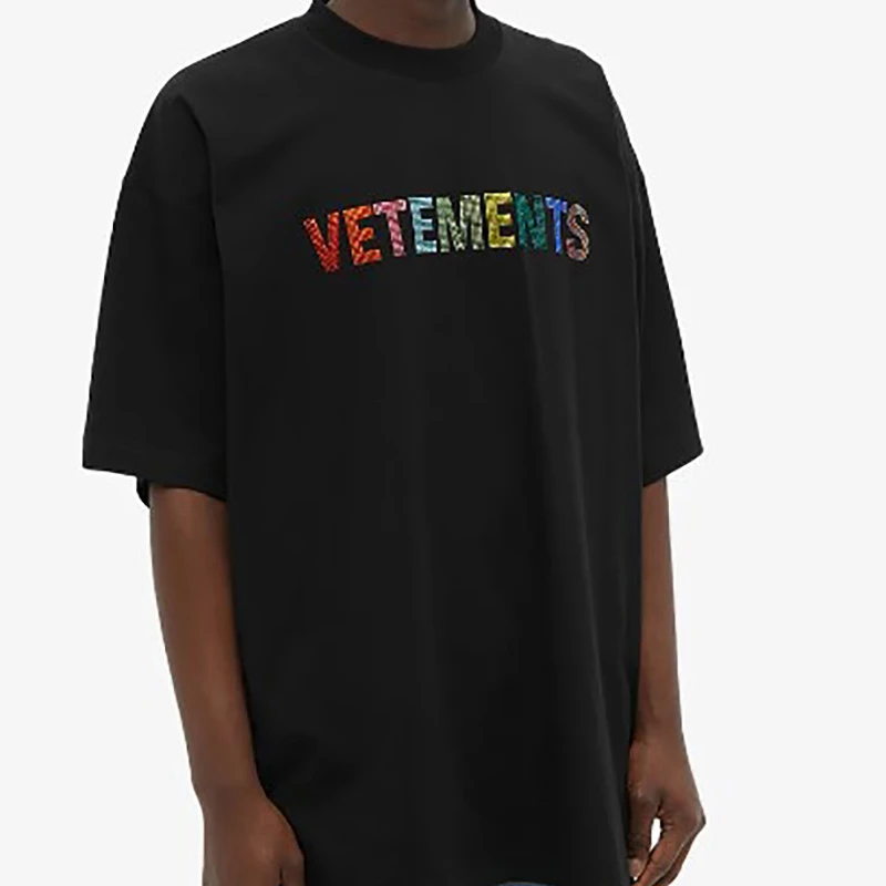 

Cotton T Shirt Vetements 2022 New Colorful Hot Diamond Rhinestone Logo Men Women 1:1 Loose Short-sleeved T Shirt