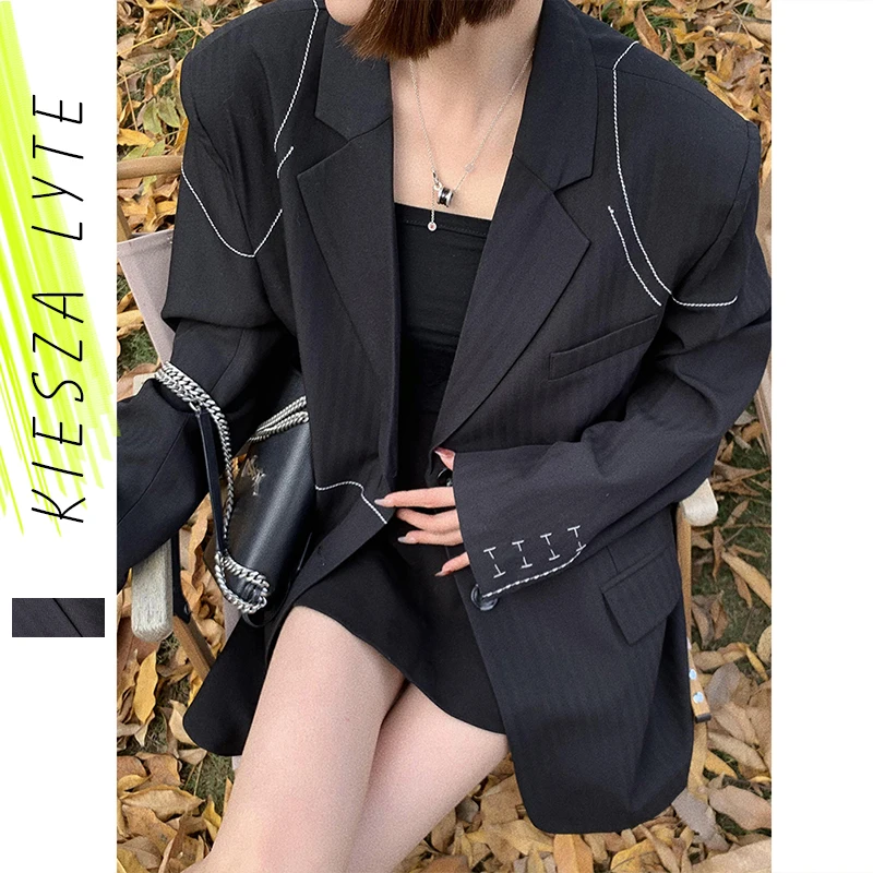Women Black Blazer Casual Stripe Hand-stitched Spring Autumn 2022 Ladies Loose Suit Jacket  Streetwear