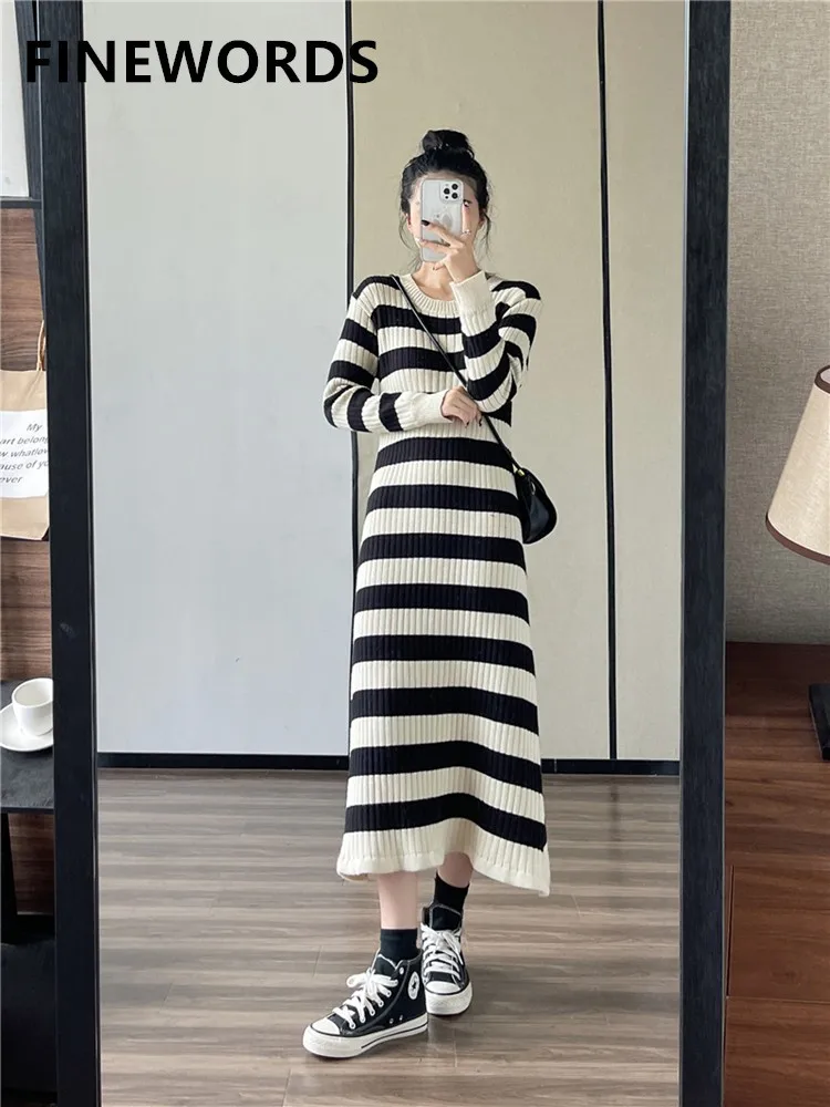

FINEWORDS Casual O Neck Winter Striped Knitted Dress Long Sleeve Korean Knit Sweater Dress Loose Streetwear Vintage Long Dress