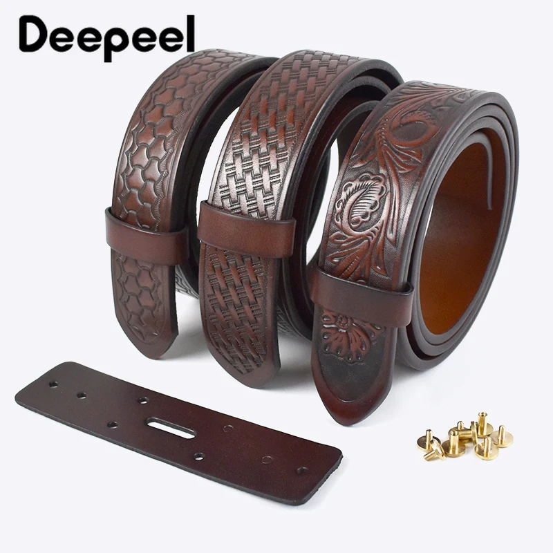 3.4/3.8cm Men's Genuine Leather Belt Body Embossed Retro First Layer Cowskin Belts Vegetable Tanned Without Buckle Waistband