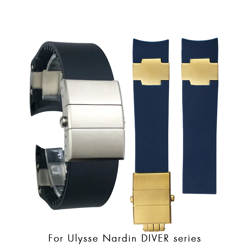 

Natural Rubber Watchband 22mm Fit for Ulysse Nardin Diver Black Blue Silicone Watch Strap Silver Rose Gold Folding Buckle