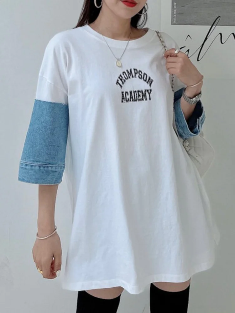 

Letter Printed Denim Patchwork T-shirt For Women Korean Contrast Color Loose Causal Tees Top 2023 Summer New Tide T Shirt Y410