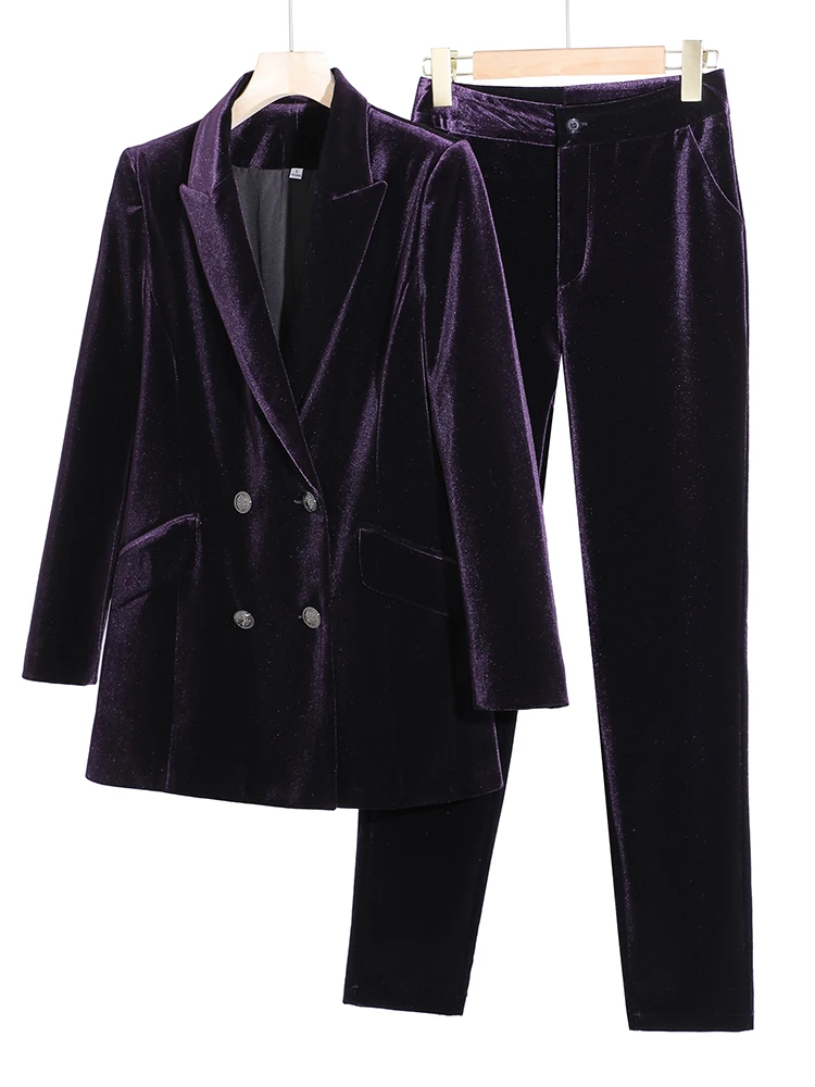 Blue Green Purple Double Breasted Women Blazer and Pant Suit Ladies Female Business Formal Jacket Trouser Winter 2 Piece Set