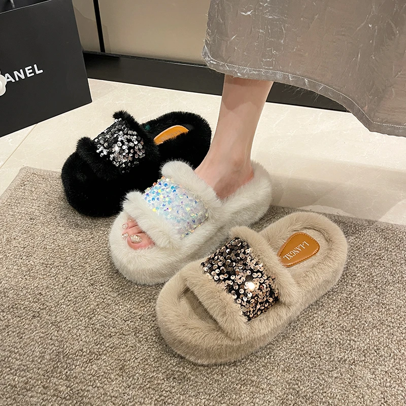 Женские зимние шлепанцы на платформе из искусственного меха