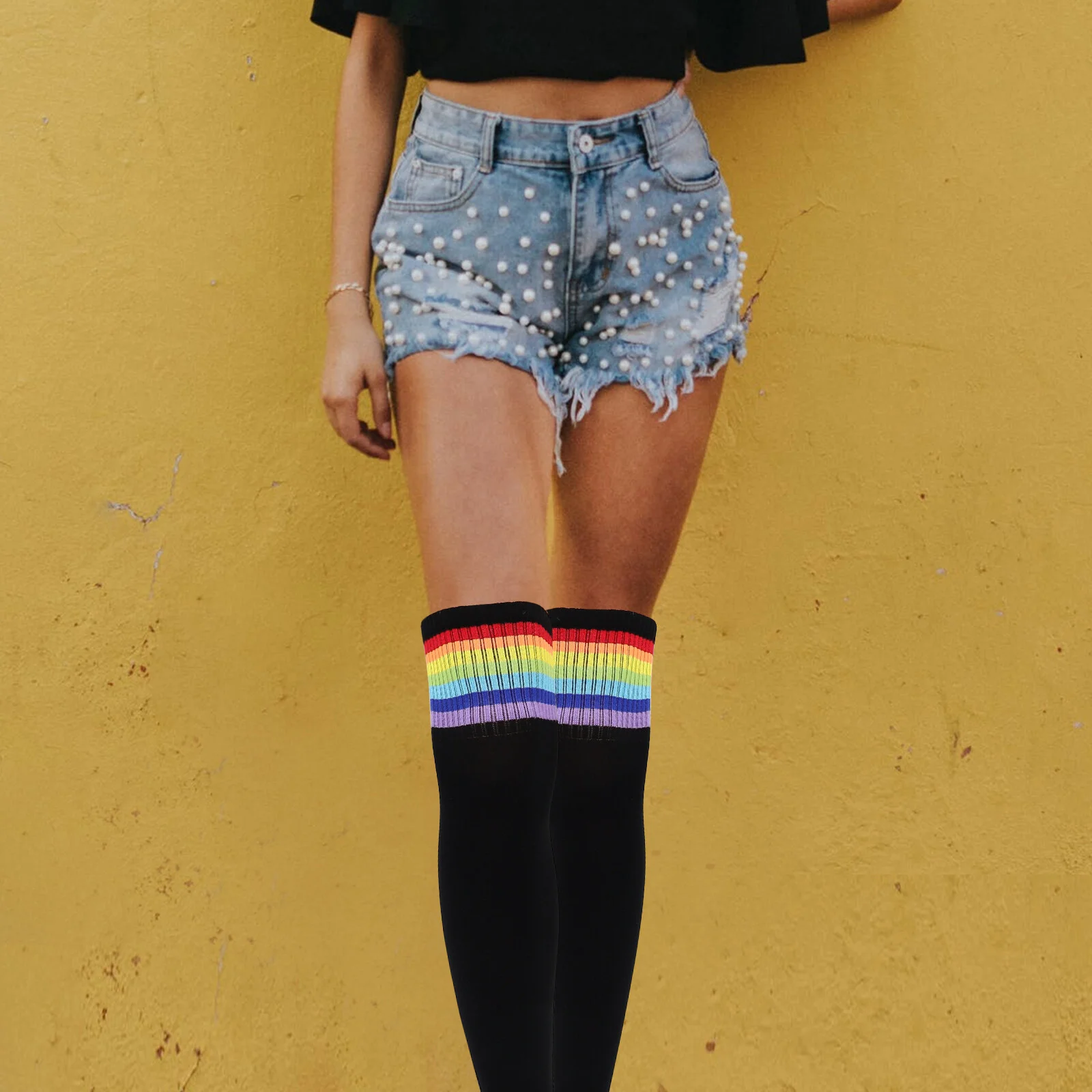 2 Pairs Rainbow Long Stockings Decorative Sports High Thigh Socks for Girls Use