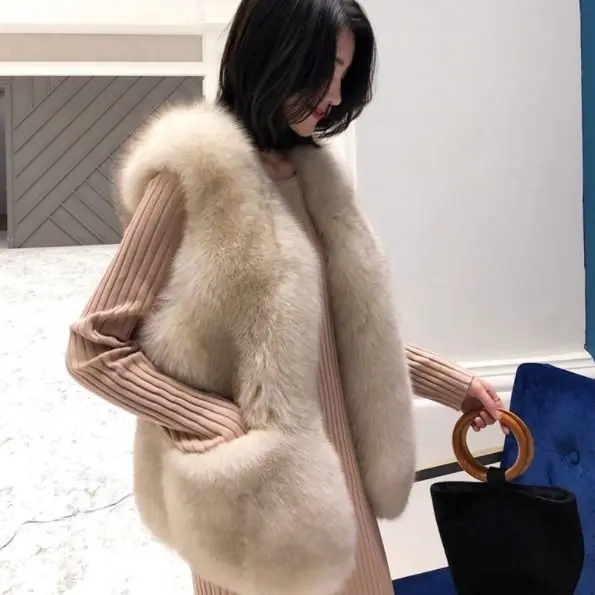 

Short Jacket Women Faux Fur Coat Autumn and Winter Vest Solid Color Sleeveless Coat Femme Casual V Neck Pockets Outerwear M483
