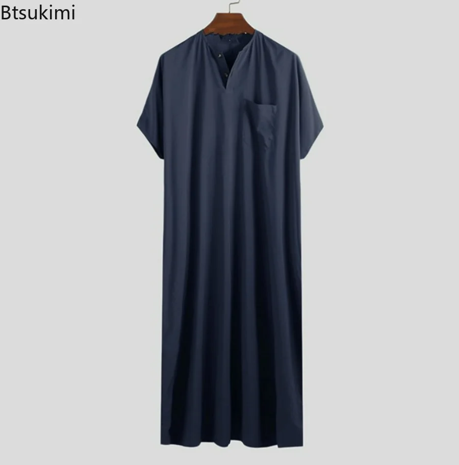 Plus Size 4XL 5XL Men's Muslim Abayas Jubba Thobe Solid Short Sleeve Loose Robes Middle East Arab Islamic Kaftan Muslim Clothing