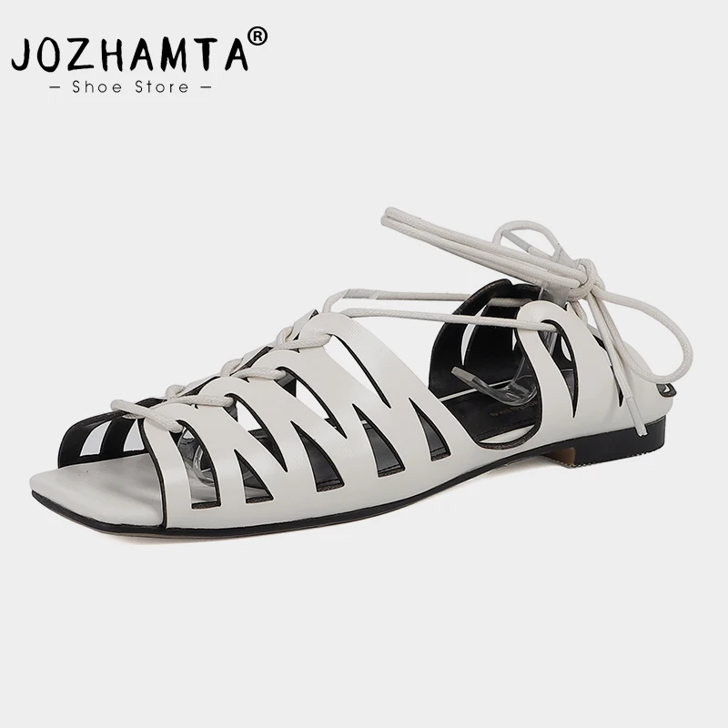 

JOZHAMTA Size 33-40 Gladiator Women Flats Sandals Genuine Leather Low Heels Summer Shoes For Women Lace-Up Casual Office Sandals
