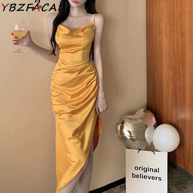 

Acetate Satin Sling Yellow Dress 2022 Summer Fashion Sexy Backless Pleated Irregular Tube Top High Waist Long Dress Fashion New