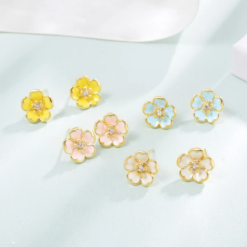 

Shineland New Cute Colorful Metal Enamel Flower Crystal Stud Earrings For Women Girl Fashion Sweet Femme Brincos Jewelry Gifts