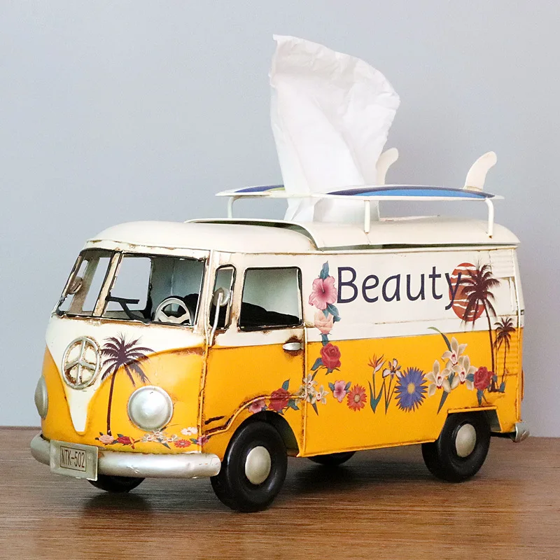 

Flower Retro Iron Bus Tissue Box Model Figurines Car Craft Home Decoration Accessories for Living Room Ornaments for Home Decor