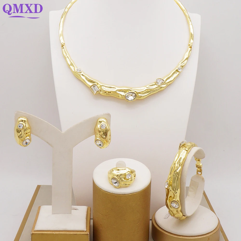 Fashion Dubai Gold Color Necklace Set Ladies Wedding Jewelry Sets Exaggerated Bracelet Ring Earrings Set Italian Crystal Jewelry