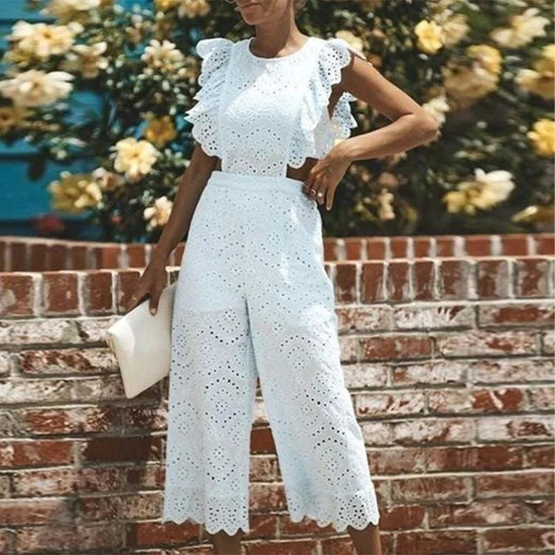 New Ladies Jumpsuit White Elegant Sexy Hollow Wide Leg Ruffle Sleeveless Round Neck Jumpsuit Ladies Summer Clothing Jumpsuit
