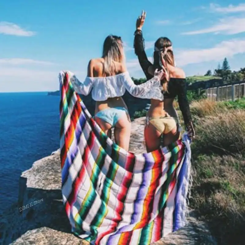 DIMI Blankets Mat with Tassel Beds Outdoor Picnic Sofa Cover Cotton Fleece Mexican Serape Blanket Travel Striped Rainbow Beach