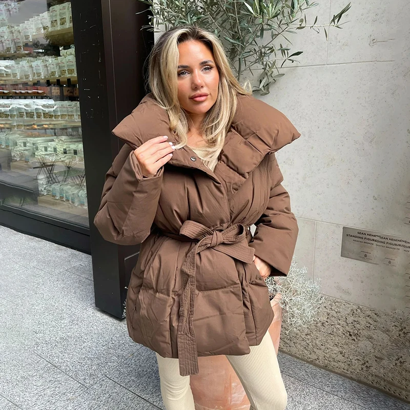 Fandy Lokar Winter Stand Collar Parkas Women Fashion Tie Waist Short Coats Women Elegant New Solid Puffer Jackets Female Ladies