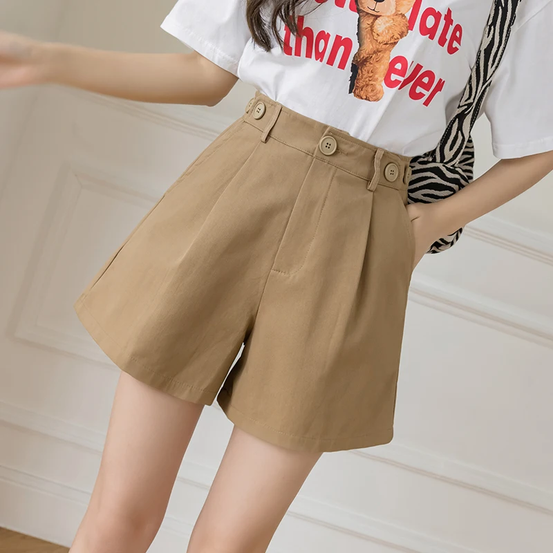 

COIGARSAM Shorts Spring 2022 New Casual Loose Solid Zipper High Waist Black Khaki Green Women Shorts