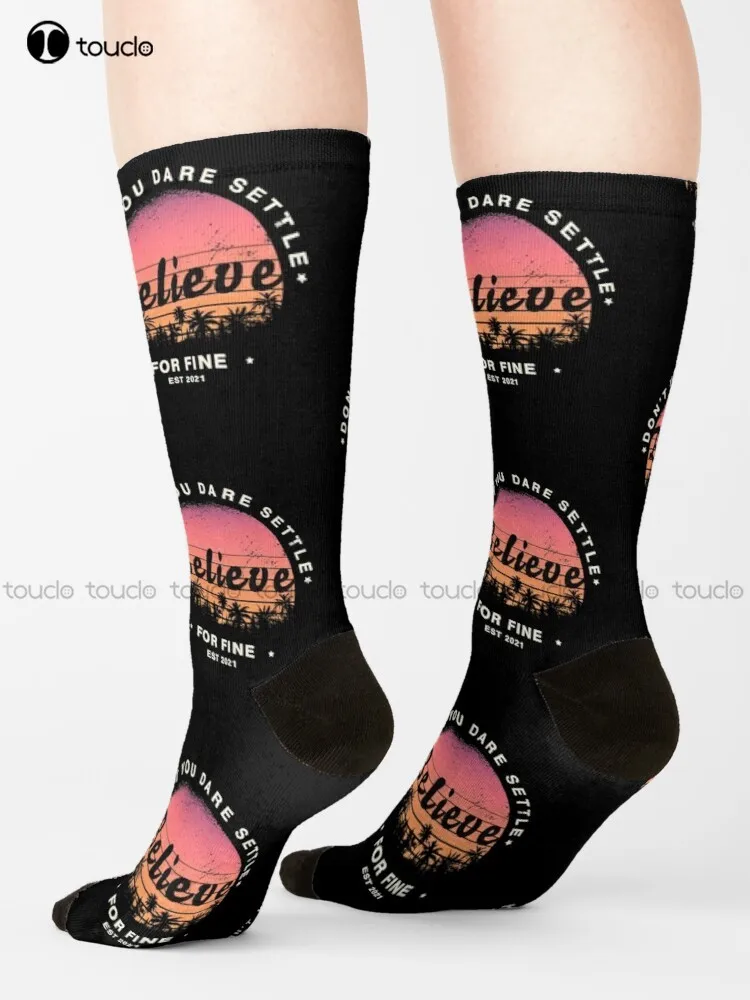 

Roy Quote Don'T You Dare To Settle For Fine Roy Kent Quote, Be Curious, Believe, Ted Lasso Socks Brown Socks 360° Digital Print