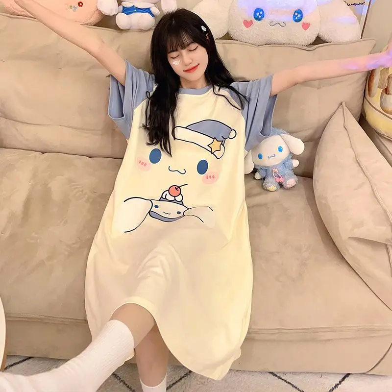 

Ночная рубашка Hellokitty Sanrio Kawali Kuromi Cinnamoroll похватка pompurin с коротким рукавом Домашняя одежда с круглым вырезом подарок для девочек