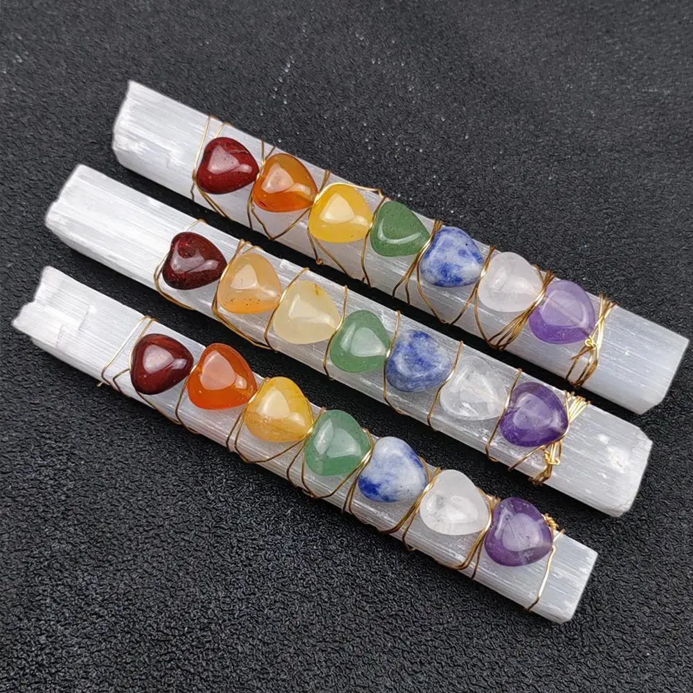 

Heart Shaped 7 Chakras White Selenite Sticks Wire Wrapped Decor Natural Stone Quartz Chakras Healing Crystal Home Wand Amet Q3Z6