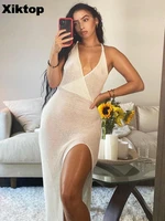 sruby white sexy beach dress women hollow out backless cover up knitted maxi dresses summer see through side split sexy dress
