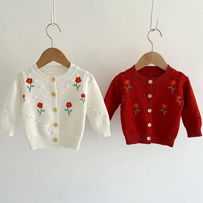 

2022 одежда для малышей, свитер, Осень-зима, детский вязаный кардиган, пальто для маленьких девочек с ручной вышивкой, детское милое вязаное па...