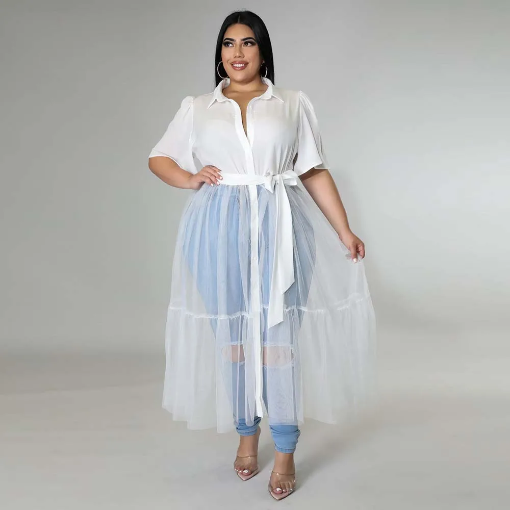 

Women Plus Size Dresses 2022 Summer New Solid Color Female Solid Color Shirt Mesh Plus Size Top Dress Women Sexy T-Shirt Dresses