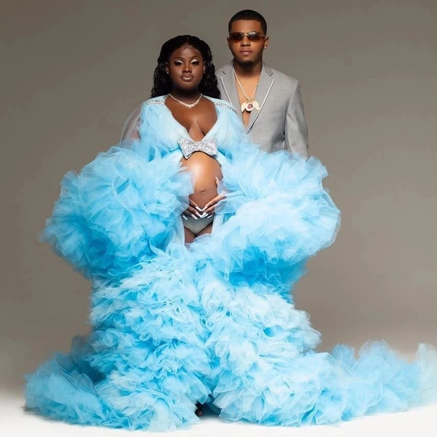 

Sky Blue Maternity Dresses Robe Tiered Ruffles Photoshoot Babyshower Bathrobe Maternity Gown Ruffle Kimono Party Birthday Gowns