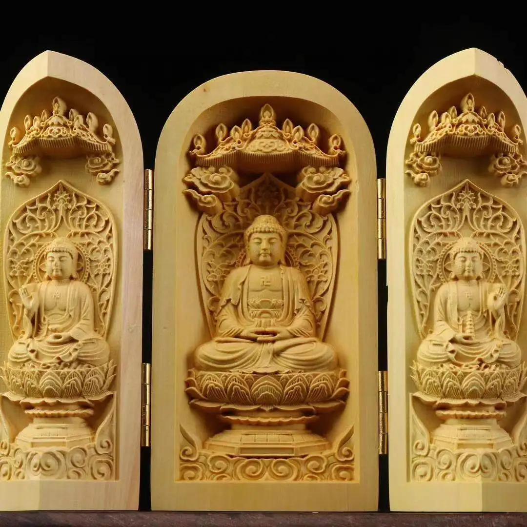 Фото Резная статуэтка Будды из палисандра (CZ boxwood) для дома, портативный футляр, Гуаньинь, Гуань Гунфанг, три священных символа, три открывающихся отсека. №4