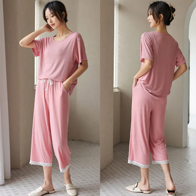 

Solid Color Modal Pajamas Women's Summer Short-sleevedCropped Pants Home Service Lace Pajamas Women's Home Leisure Suit