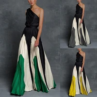 2021 new arrival summer women graduation robe lady one shoulder slim patchwork long pleated dress sexy party vestido