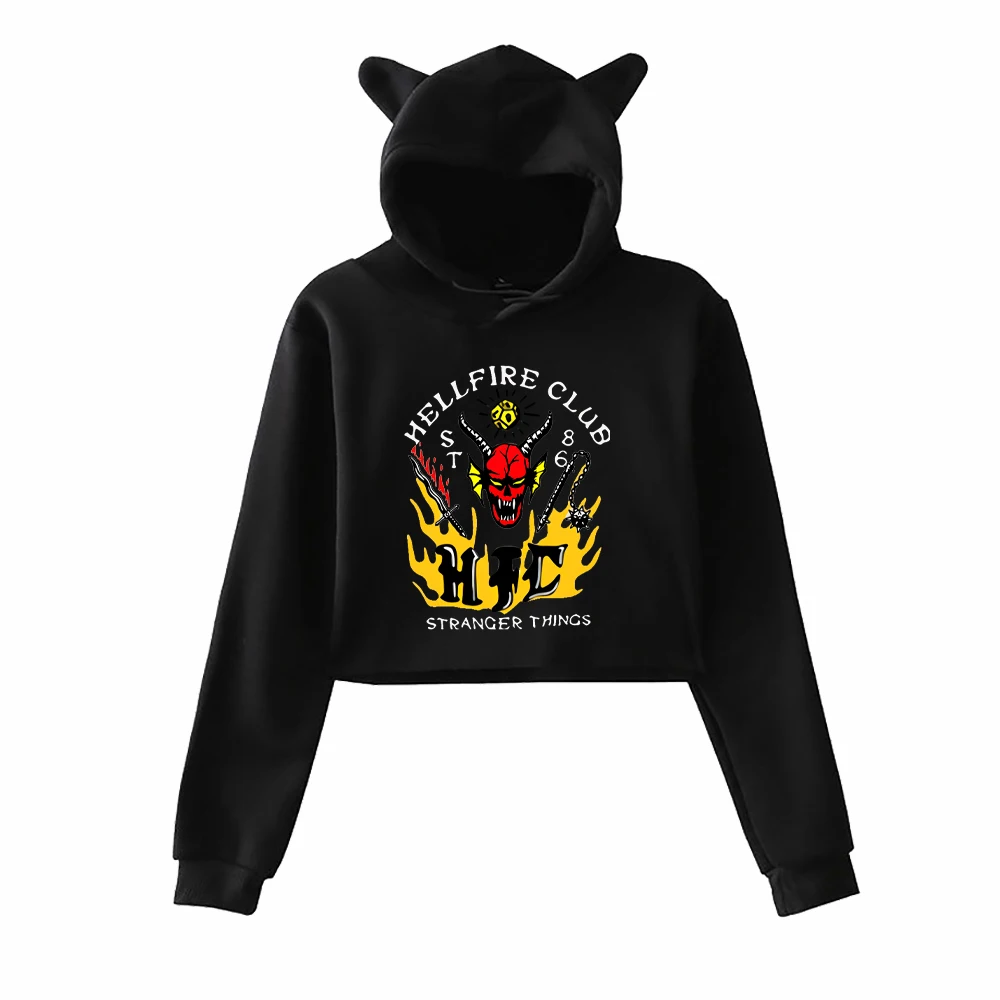 

Stranger Things Sweatshirts Cat Ears Navel-bearing Hoodies Hellfire Club Fashion Hoodies Y2k Sweatshirts Female Hooded Hoody