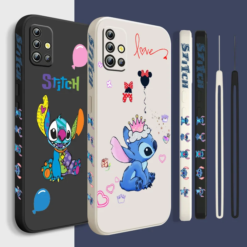 

Cartoon Disney Stitch Phone Case For Samsung A22 A30S A30 A31 A32 A33 A42 A50 A51 A52 A53 A71 A72 A73 Liquid Left Rope Soft Capa