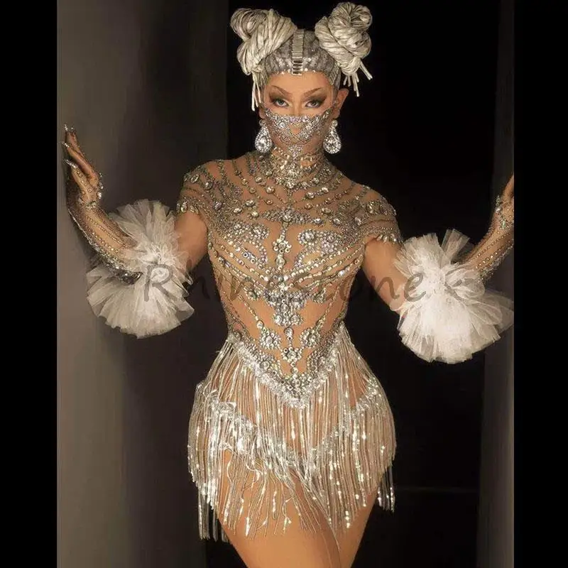 

Женское платье-танцор, Клубное платье-певица, блестящее серебристое платье с блестками, короткое платье с бахромой для празднования выпускного вечера, наряд, перчатки на день рождения