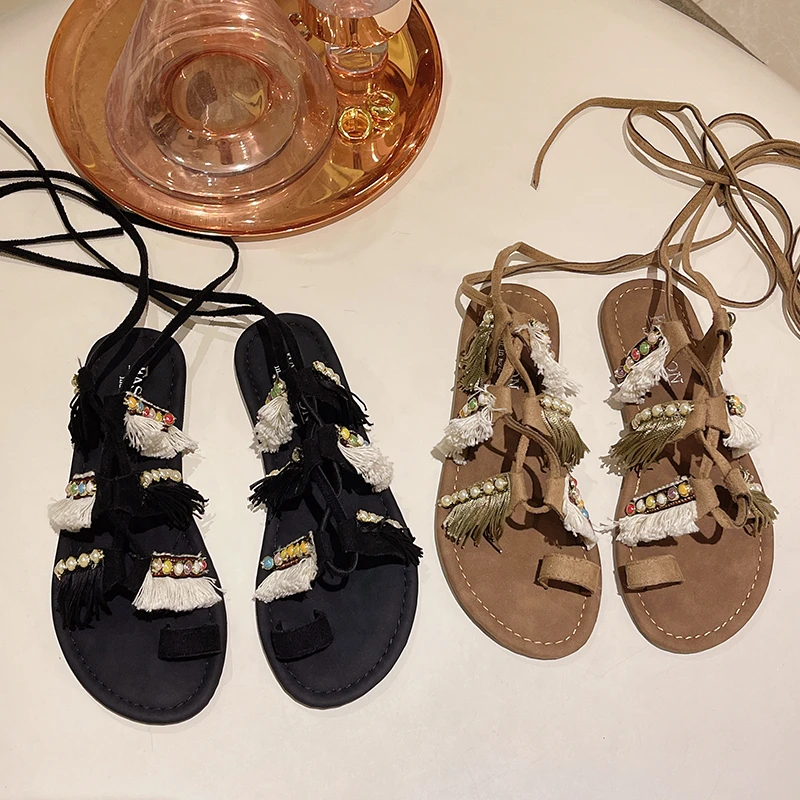 

2022 Ethnic Style Lace Up Tassel Beaded Sandals Plus Size Women's Shoes Sandals Shoes for Women Leather Gladiator Sandals