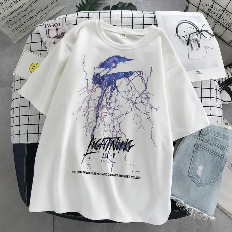 

Gothic Women's T-Shirt Purple Lightning Print Pullover Loose Gothic Style Short-sleeved T-shirt Shirt Summer Oversized T-shirt