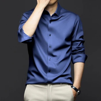 6XL Large Spring and Summer Men's Long Sleeve Shirt Luxurious Wrinkle-resistant Non-iron Solid Color Business Casual Ice Silk 1