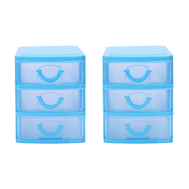 

2X Mini Translucent Drawer Type Plastic Storage Box(Blue 3 Layers)