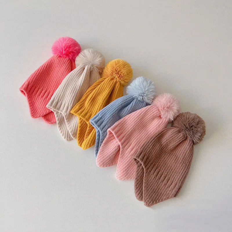 

Cute Pompoms Knitted Hat For Kids Girls Boys Autumn Winter Warm Protect Ears Beanies Hats And Caps Children Clothing Accessories