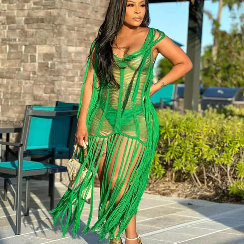 

Пикантная вязаная крючком туника с бахромой и кисточками, накидка, Пляжное платье для женщин, прозрачный купальник, купальный костюм, летнее платье для отпуска