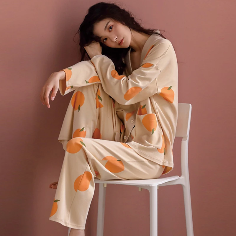 CAIYIER 2022 Autumn Winter Pyjama Set Women Avocado Cute Print Casual Nightwear Long Sleeve Cardigan Sleepwear Feamle Outerwear