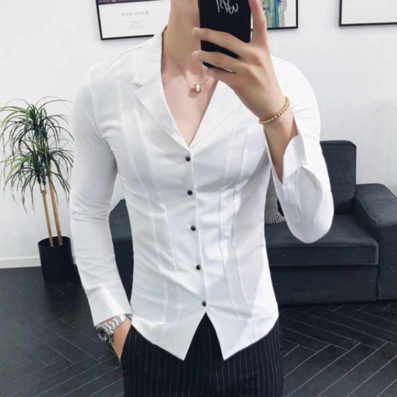 

2023 Spring Summer Vneck Shirts Men Long Sleeve Slim Fit Casual Shirts Streetwear Formal Social NightClub Party Tuxedo Clothing