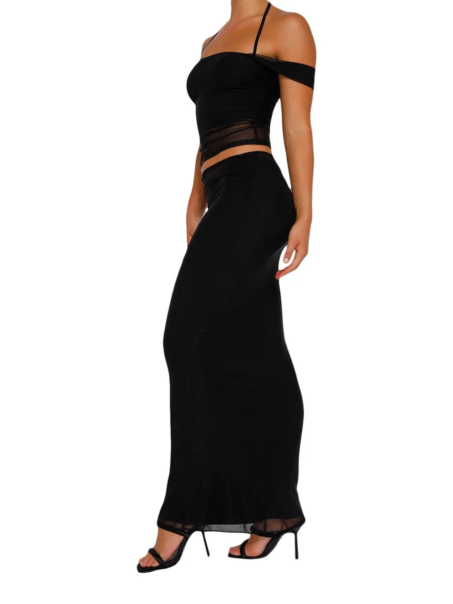 

Женский кружевной комплект с юбкой Макси Y2k, винтажный комплект из 2 предметов, Летний Топ без бретелек и юбка макси с разрезом и открытым пупком