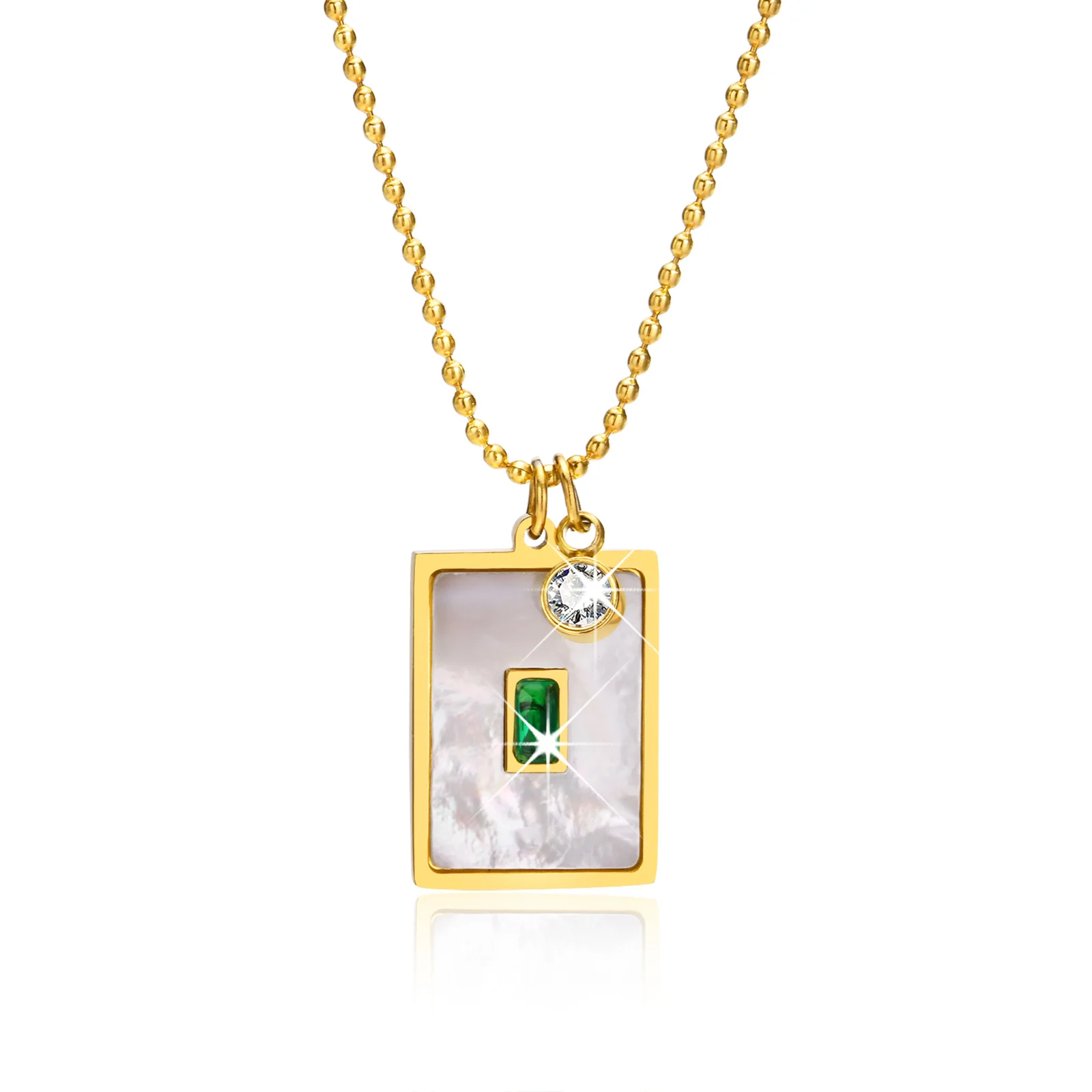 

Rectangle Square Shell Necklace, Green Cubic Zirconia Inlay Pendant, Adjustable Stainless Steel Neck Jewelry Waterproof