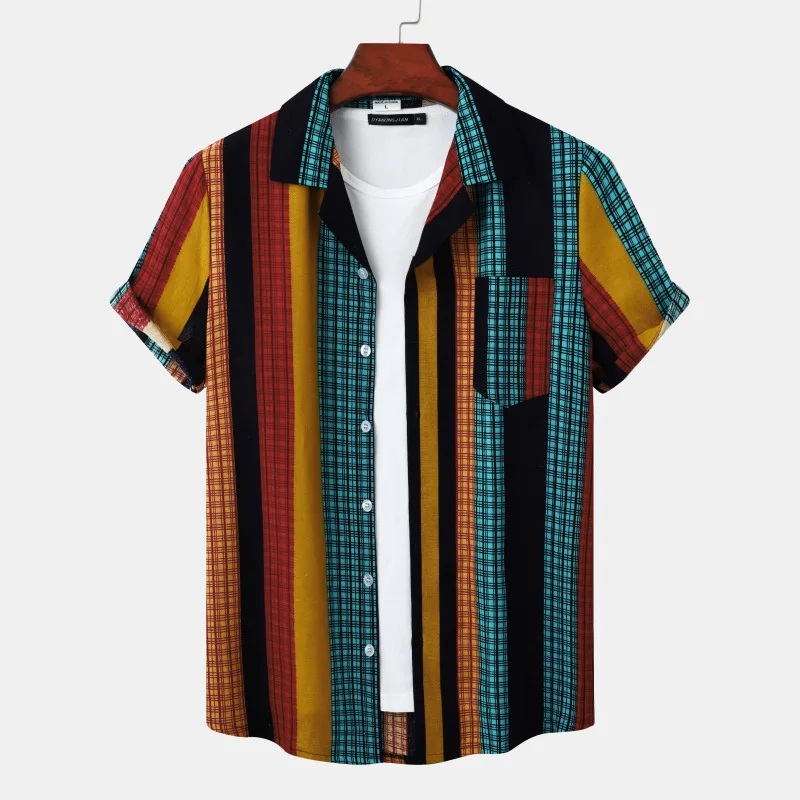 

New Summer Men's Shirts Beach Casual Fashion Striped Retro Shirts Loose Vacation Style Men's Short Sleeves