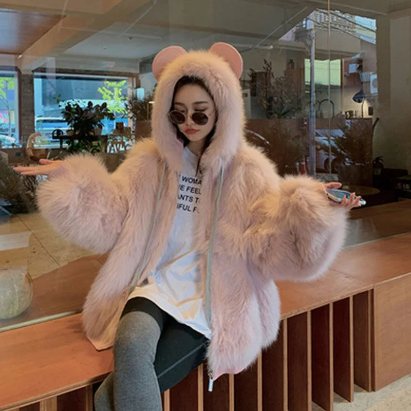 Winter Fox Fur Collar Hooded Luxury Rabbit Faux Fur Jacket Manteau Patch White Kawaii Teddy Coat Woman Overcoat Femme Hiver 2023