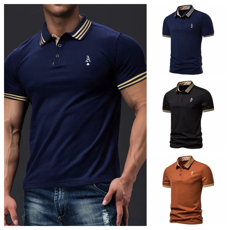 

2023 New Summer Men's Short Sleeve Polo Shirt Stripe Turn-down Collar Lettering Printed Fashion Casual Business Men Clothing